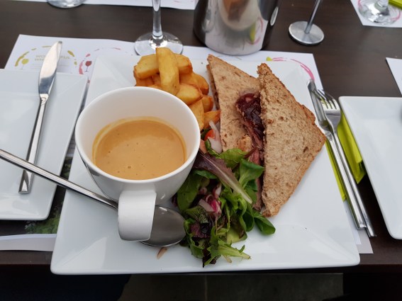 Steak sandwich with a butternut squash soup!